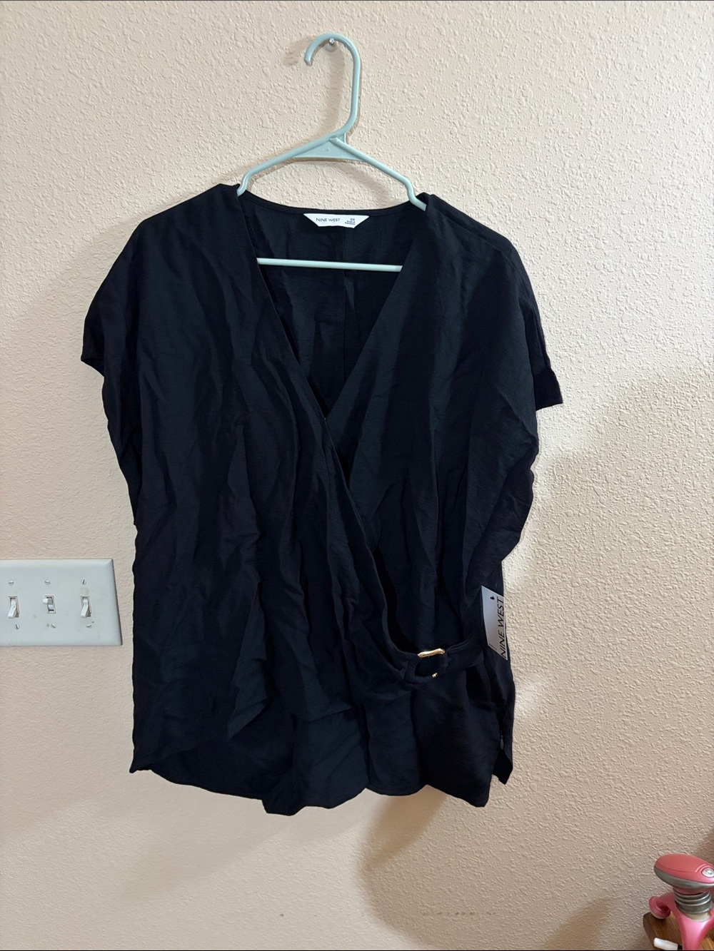NWT Nine West Black Wrap-Front Top with Buckle Detail